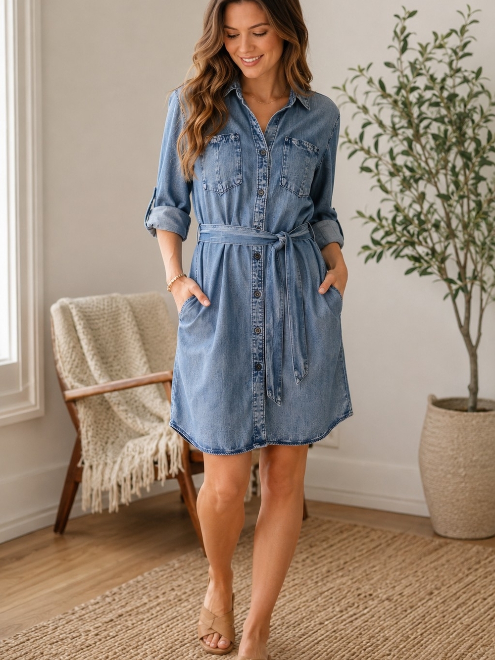 Velvet Heart 100% Tencel Chambray Shirt Dress Belted Size M